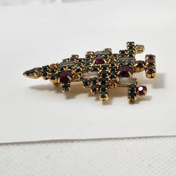 Vintage Weiss 5 Candle Rhinestone Christmas Tree Brooch Pin Gold Tone Holiday - Picture 4 of 10